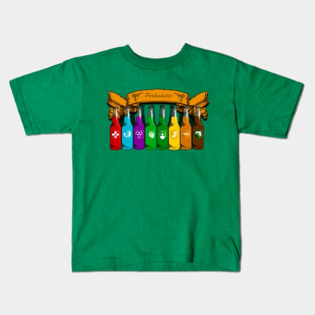 Zombie Perks Top Shelf Perkaholic on Lime Green Kids T-Shirt by LANStudios